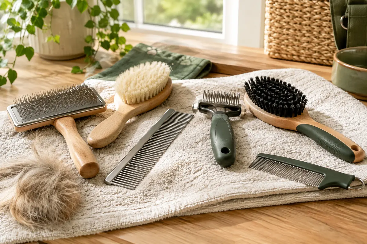 Brosses et peignes de toilettage variés posés sur une serviette claire dans un espace lumineux