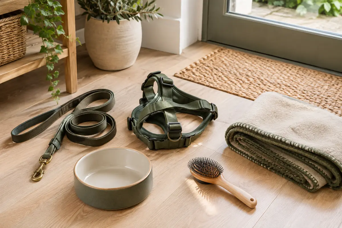 Accessoires pour chien rangés par usage : laisse, harnais, gamelle, couverture et brosse.