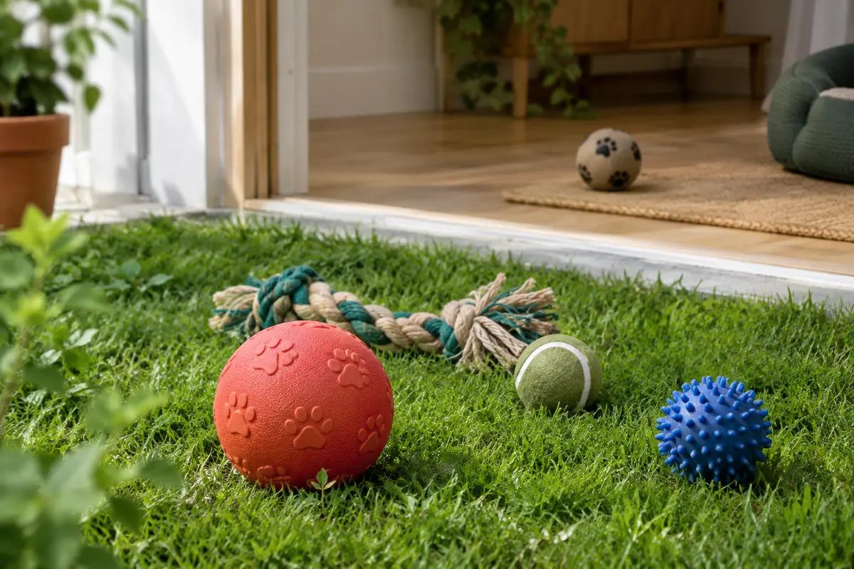 Balles pour chien de tailles et matières différentes présentées entre une pelouse et un sol intérieur