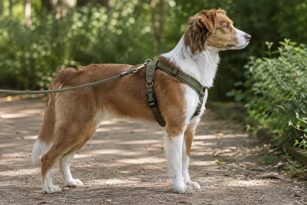 Chien de profil portant un harnais bien ajusté et une laisse détendue sur un chemin de parc.