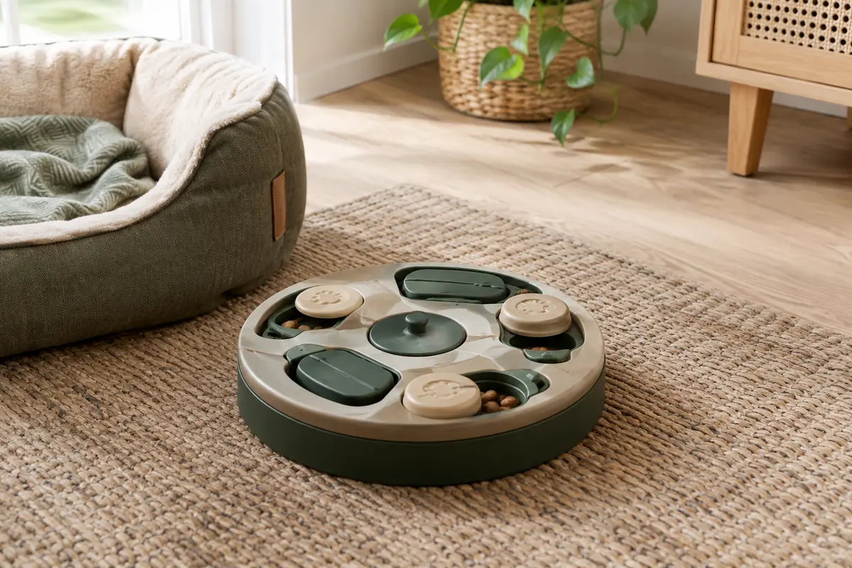 Jouet puzzle d’occupation posé sur un tapis dans un espace de repos calme à la maison