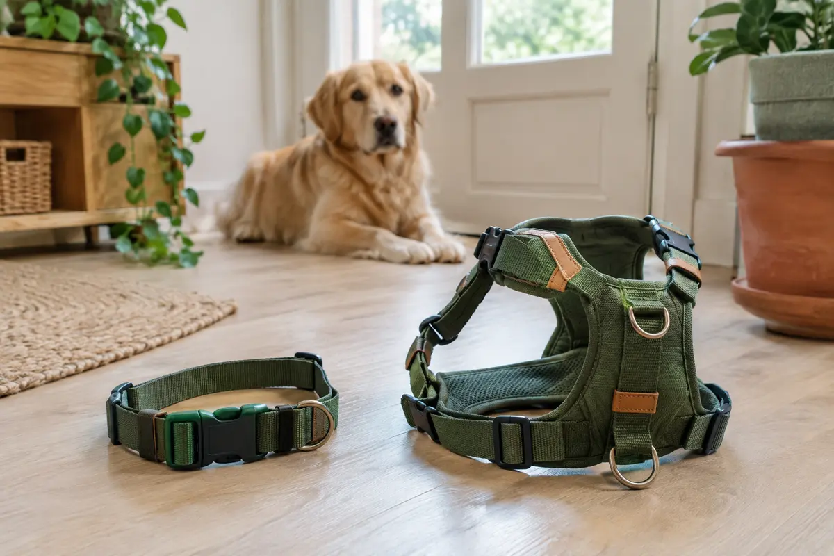 Un collier réglable et un harnais de promenade posés côte à côte près d’un chien calme.