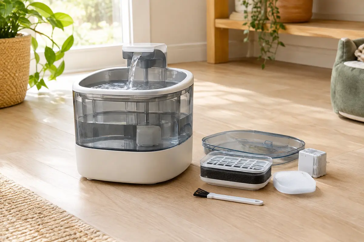 Fontaine à eau pour chien et éléments de filtre disposés à côté pour illustrer l’entretien