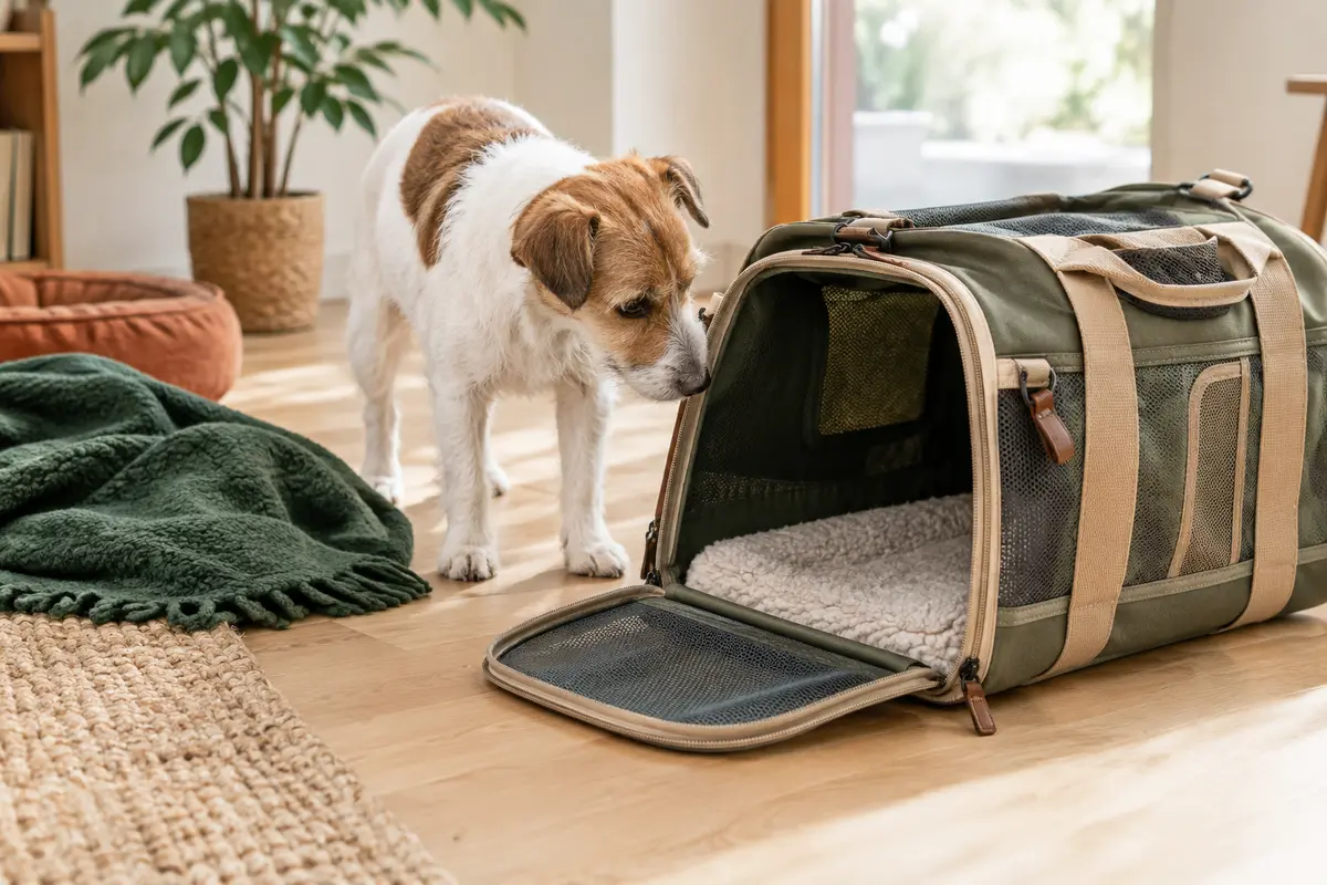 Un petit chien explore librement un sac de transport ouvert dans un intérieur calme