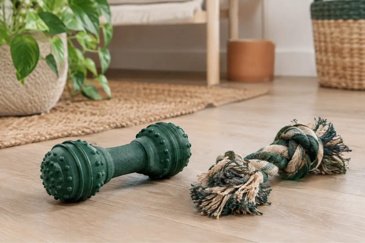 Jouets à mâcher en caoutchouc et en corde posés côte à côte pour comparer leur matière et leur état.