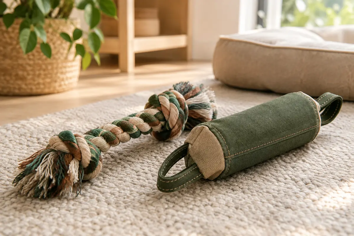 Corde nouée et boudin en toile posés côte à côte pour illustrer les jouets de traction pour chien