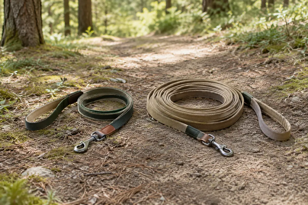 Une laisse classique et une longe pour chien posées sur un sentier forestier dégagé