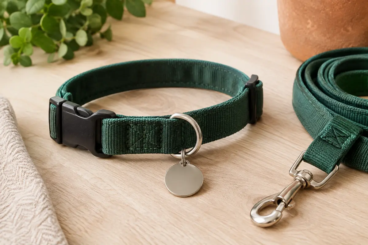 Médaille vierge fixée à un collier pour chien posé près d’une laisse sur une surface claire.