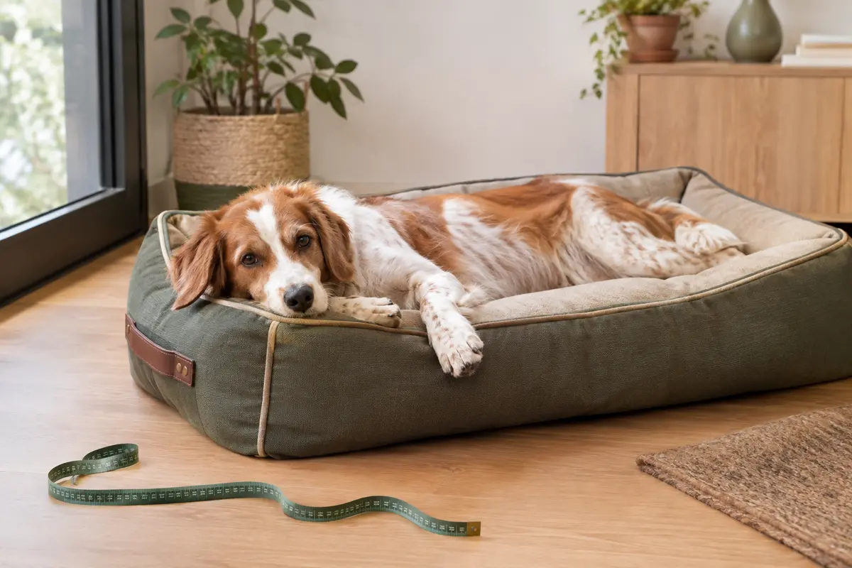 Chien étiré sur un couchage rectangulaire, avec un ruban de mesure posé à côté.