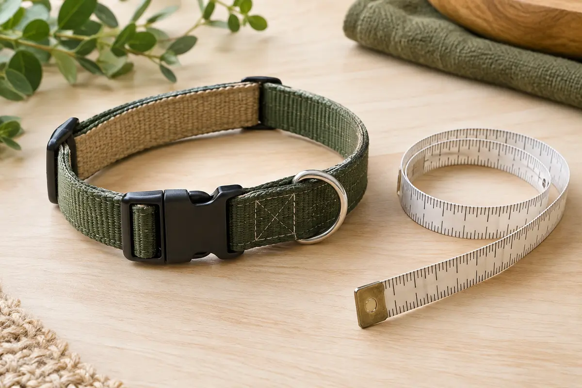 Collier réglable pour chien posé près d’un mètre ruban souple pour illustrer la prise de mesure