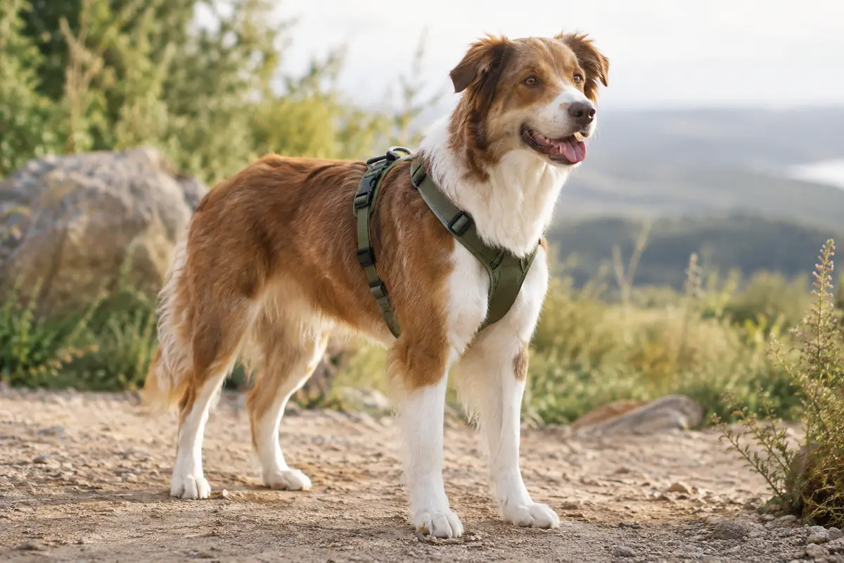 Chien debout portant un harnais bien ajusté, avec les sangles dégagées derrière les pattes avant.