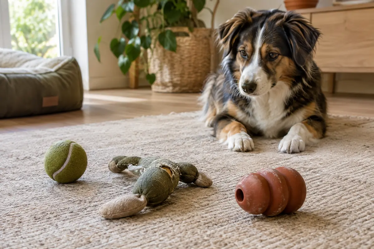 Jouets pour chien posés sur un tapis, dont un jouet en tissu présentant une couture usée