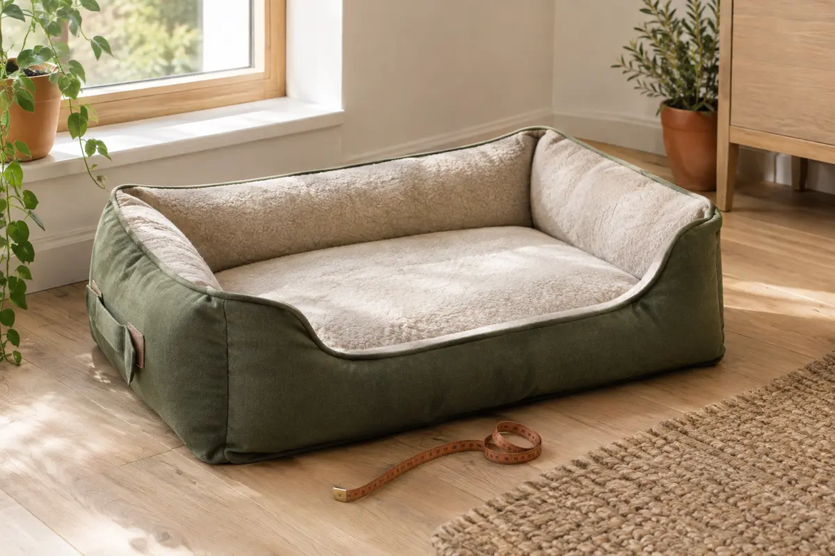 Panier pour chien aux rebords rembourrés avec un mètre ruban posé à côté pour comparer l’espace.