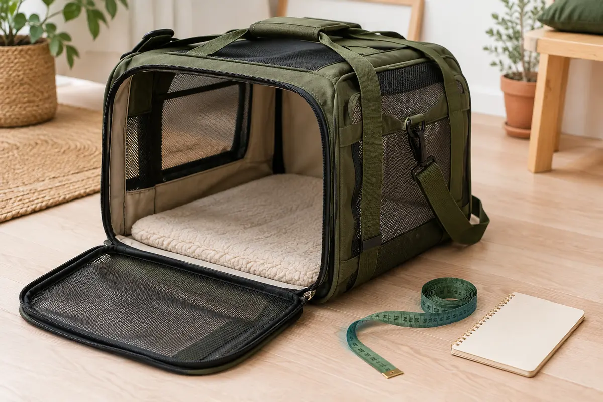 Sac de transport pour chien ouvert près d’un mètre ruban et d’un carnet de mesures