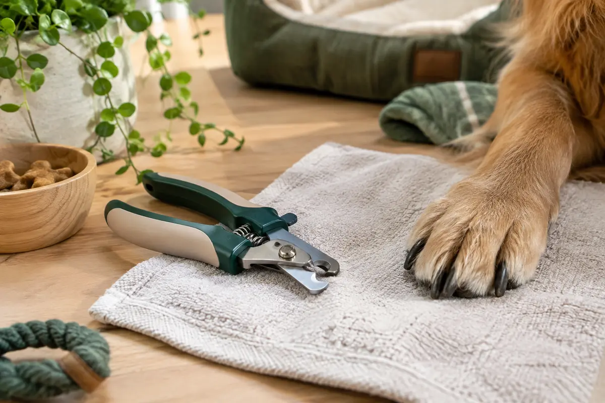 Coupe-griffes posé près de la patte détendue d’un chien dans un espace de toilettage calme.