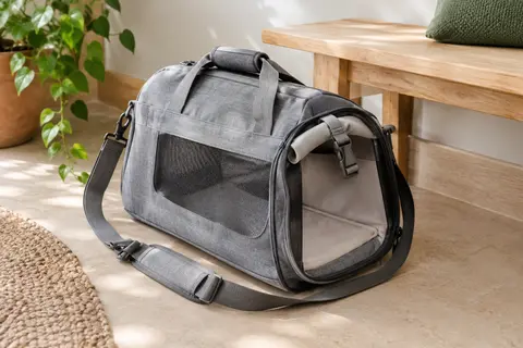 Sac de transport bandoulière gris en tissu Oxford, avec sangle réglable et attache de maintien.