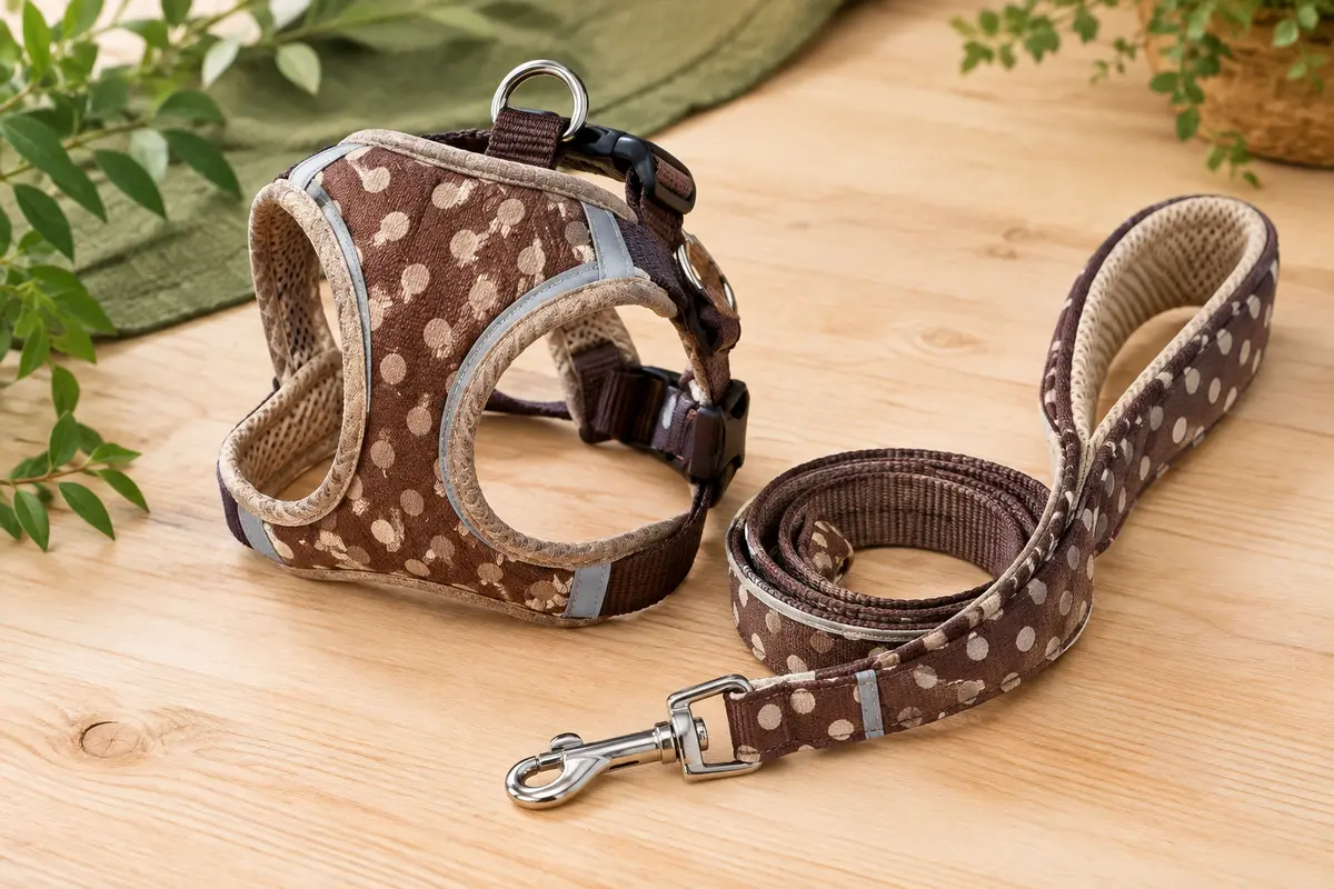 Harnais pour petit chien en maille jacquard marron et beige, avec bandes réfléchissantes et laisse assortie.
