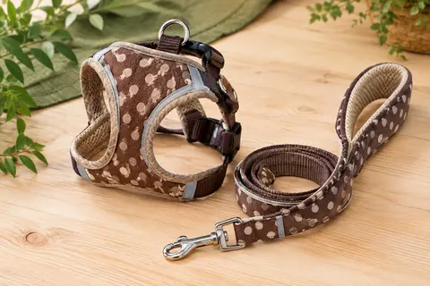 Harnais pour petit chien en maille jacquard marron et beige, avec bandes réfléchissantes et laisse assortie.