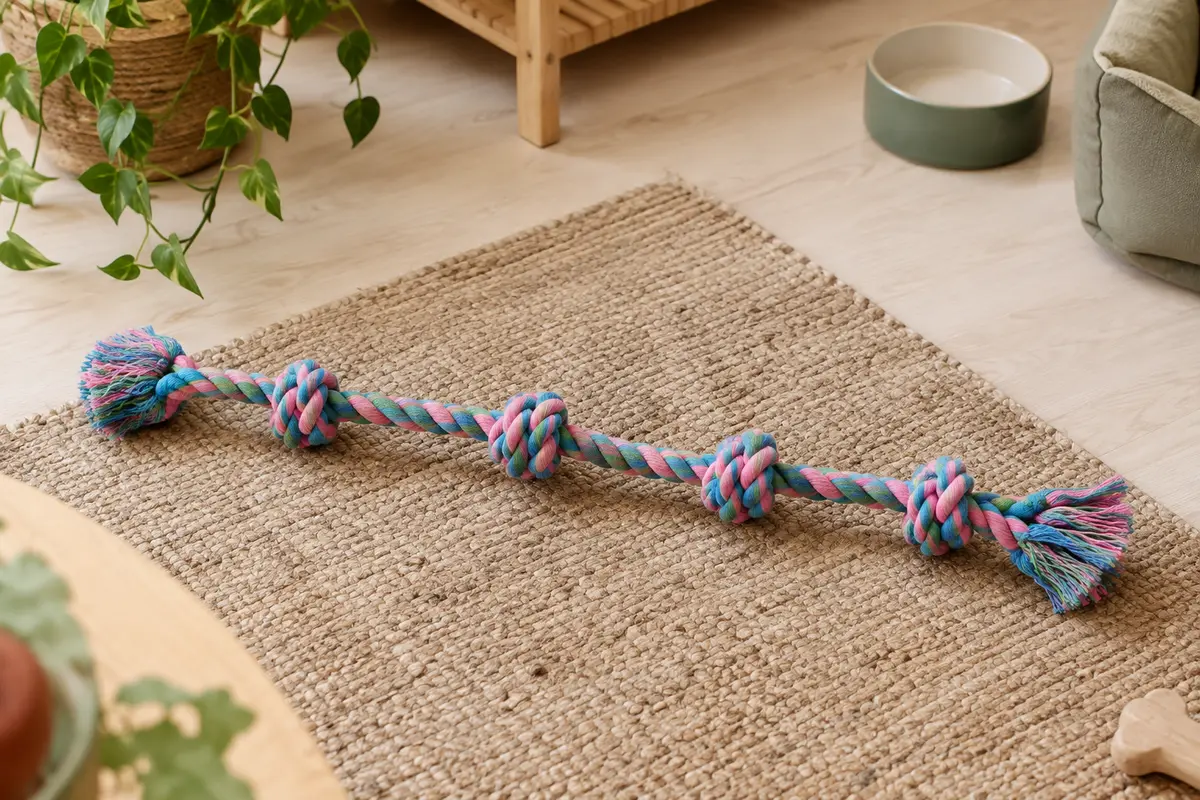Corde pour chien en coton rose, bleu et vert, avec cinq nœuds et une longueur généreuse