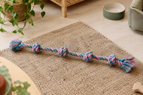 Corde pour chien en coton rose, bleu et vert, avec cinq nœuds et une longueur généreuse