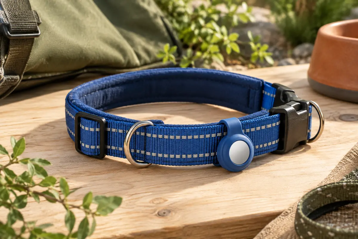 Collier bleu réglable en nylon avec bandes réfléchissantes, double anneau en D et étui en silicone pour AirTag