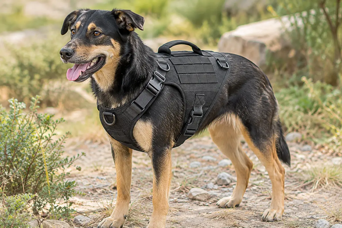 Harnais tactique noir pour chien avec sangles réglables, anneaux en D, poignée arrière et panneau Molle