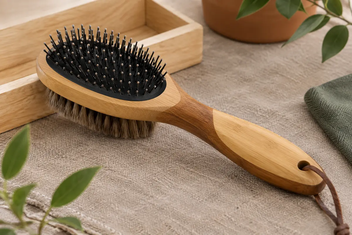 Brosse double face pour chiens et chats, avec poignée en bambou et deux faces de brossage.