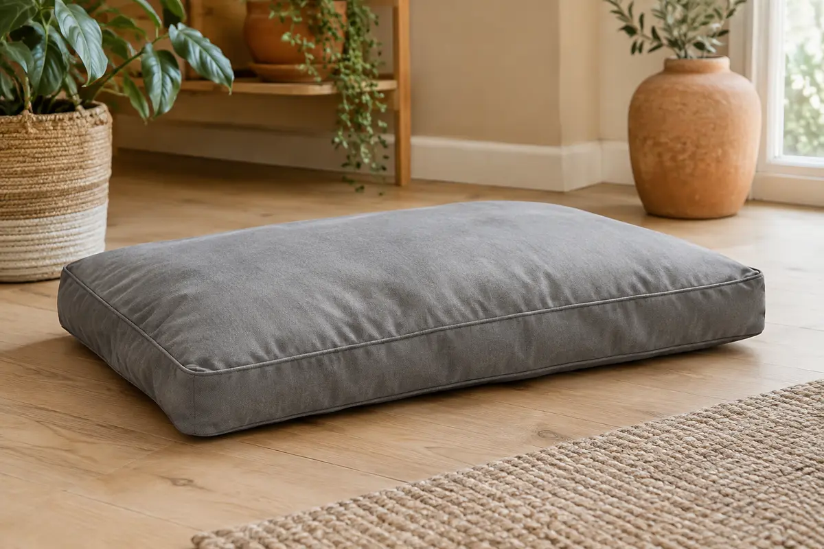 Coussin rectangulaire gris pour chien posé sur un sol en bois clair dans un intérieur lumineux.