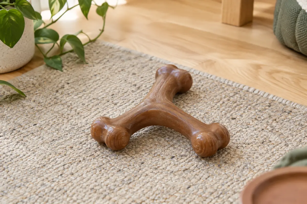 Jouet à mâcher Benebone Wishbone en nylon, posé sur un tapis de toile dans un intérieur lumineux.