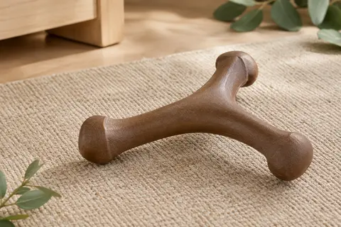 Jouet à mâcher Wishbone marron en nylon, de forme incurvée, posé sur un tapis naturel.