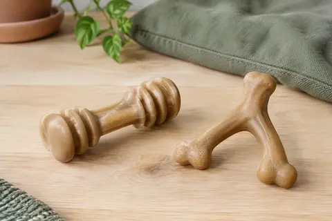 Deux jouets à mâcher Benebone pour chiot, un Dental Chew et un Wishbone en nylon.
