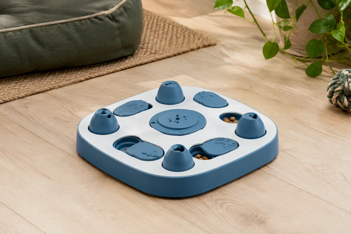 Jouet puzzle interactif bleu et blanc pour chien, avec trous et pointes amovibles.
