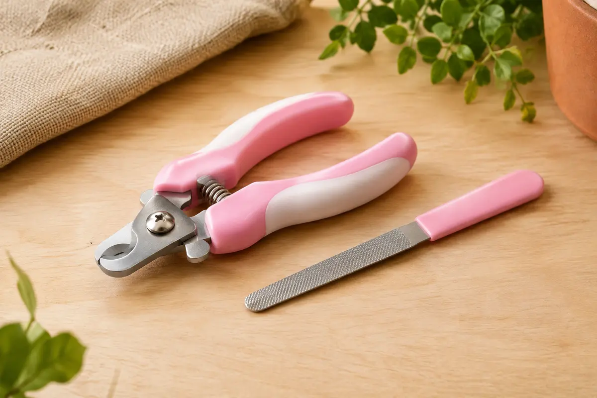 Coupe-griffes mini rose pour petits animaux présenté avec sa lime sur du bois clair