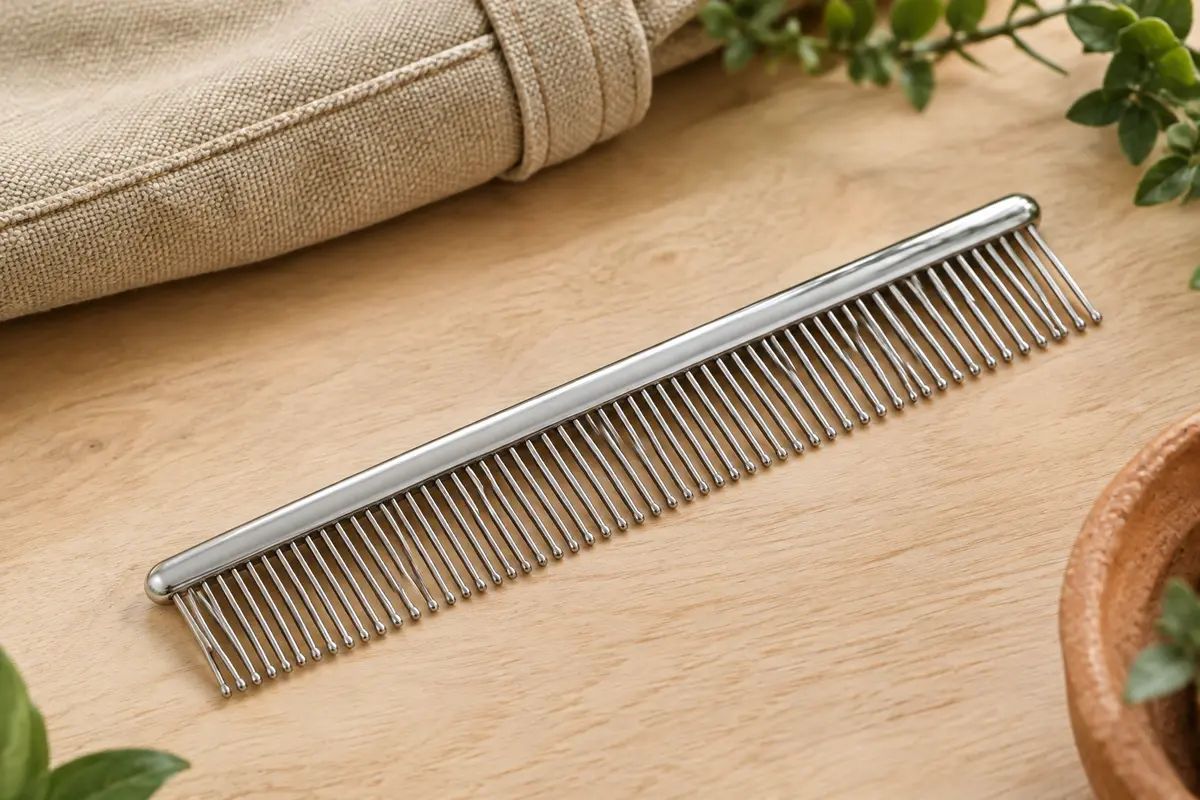 Peigne de toilettage argenté en acier inoxydable à dents rondes, posé sur du bois clair.