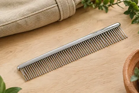 Peigne de toilettage argenté en acier inoxydable à dents rondes, posé sur du bois clair.