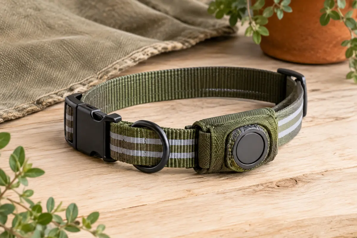 Collier pour chien en nylon kaki avec étui AirTag, bandes réfléchissantes et boucle à dégagement rapide.