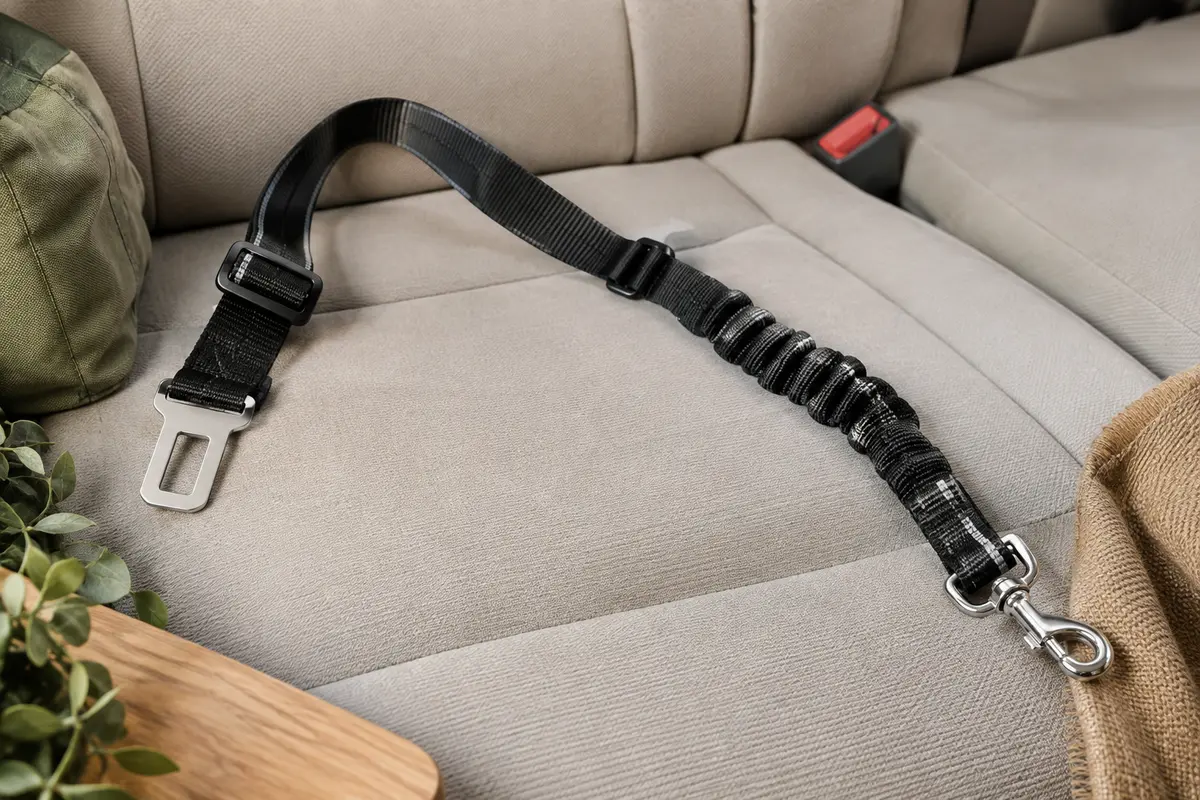 Sangle de voiture noire réglable avec partie élastique, bande réfléchissante et mousqueton métallique.