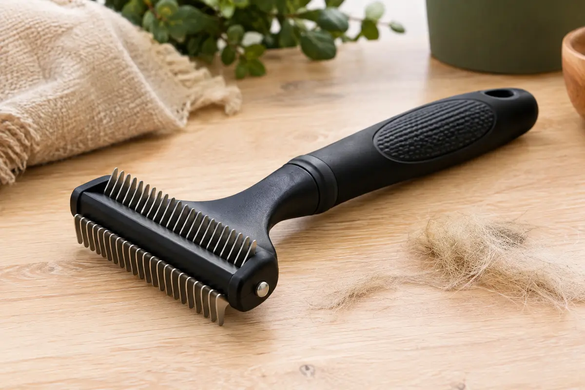 Râteau de toilettage noir à deux faces de dents métalliques posé sur une table en bois clair