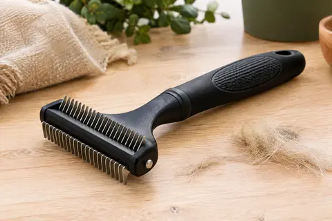 Râteau de toilettage noir à deux faces de dents métalliques posé sur une table en bois clair