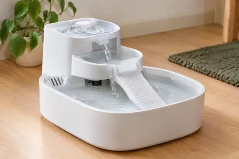 Fontaine à eau blanche à trois niveaux avec rampe intégrée, posée dans un intérieur lumineux.