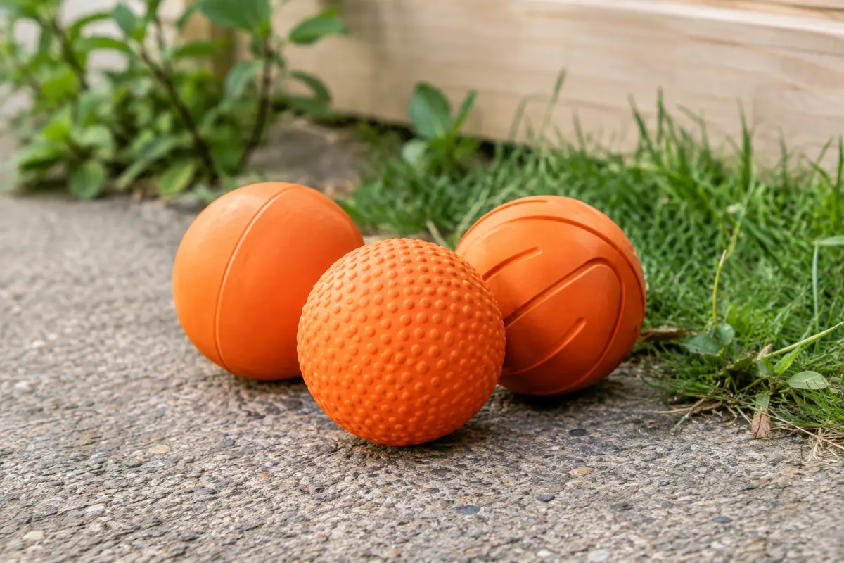 Trois balles orange pour chien, dont une texturée, posées sur un chemin de promenade près de l’herbe.