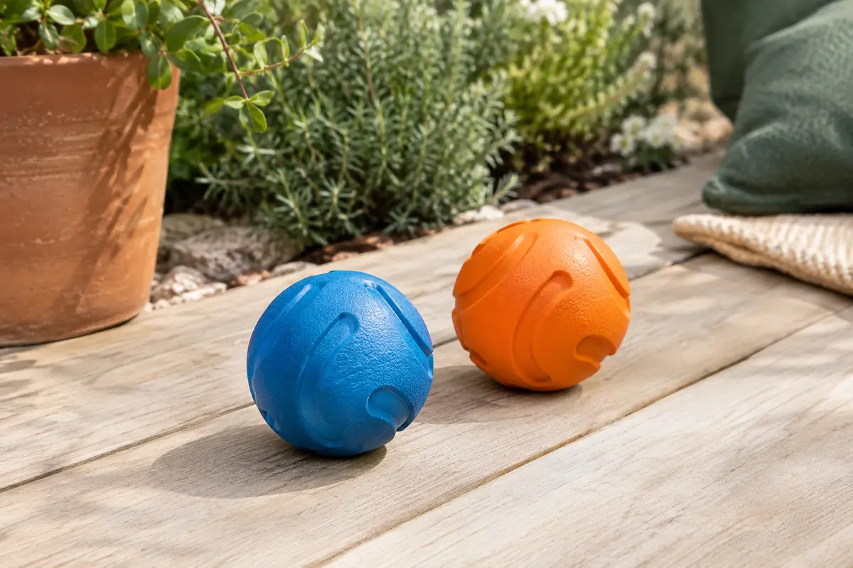 Deux balles compactes pour chien, bleues et orange, posées sur une terrasse en bois clair au jardin.