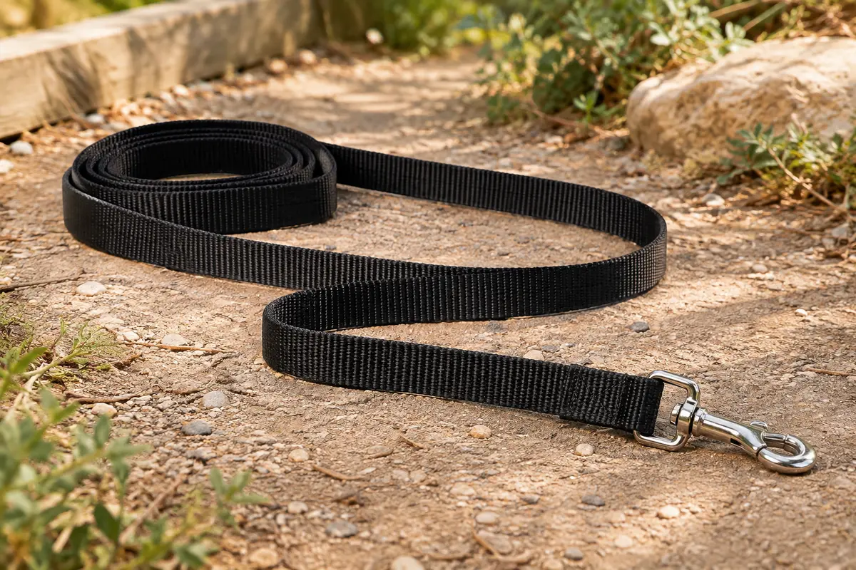 Longe noire en polyester de 5 m avec mousqueton métallique rotatif, présentée sur un chemin naturel.