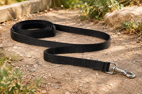 Longe noire en polyester de 5 m avec mousqueton métallique rotatif, présentée sur un chemin naturel.