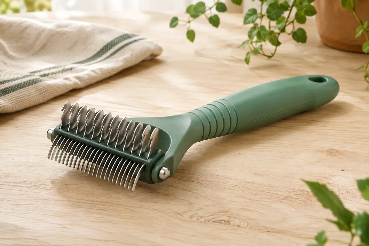 Brosse démêlante verte à deux faces de lames en acier inoxydable et manche ergonomique antidérapant.