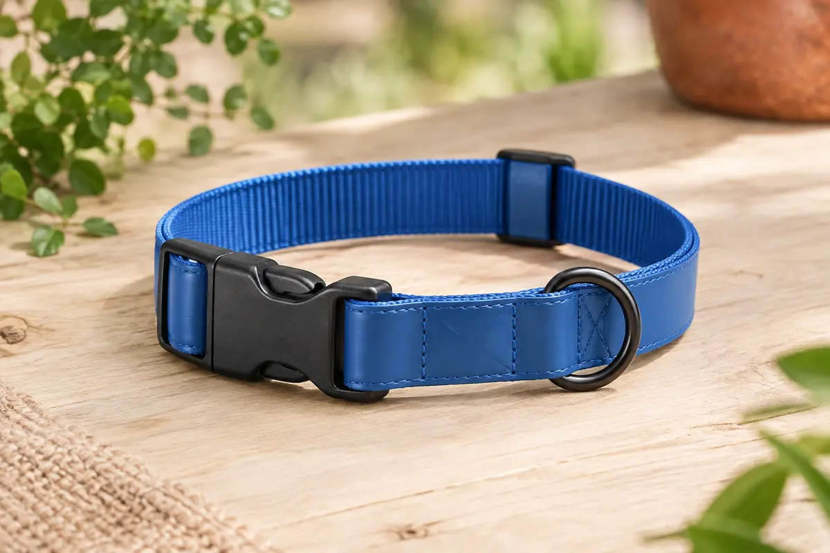 Collier bleu pour chien en nylon enduit de PVC, avec boucle rapide et anneau en D
