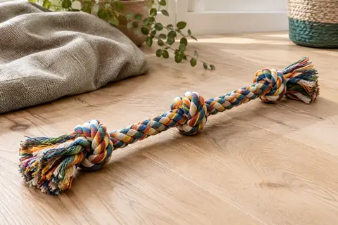Corde double multicolore pour chien avec trois nœuds et des fibres entrelacées