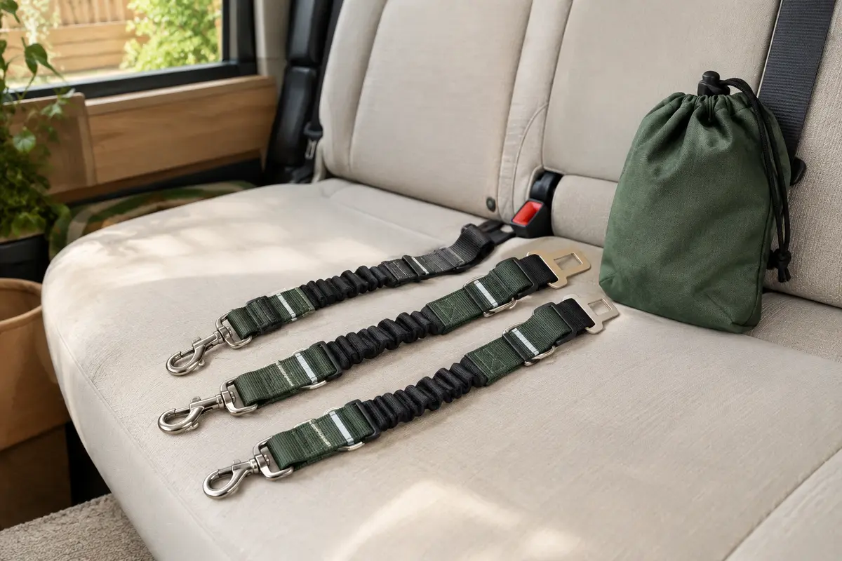 Deux ceintures de voiture réglables avec parties élastiques et sac de rangement sur une banquette