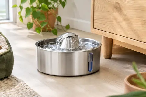 Fontaine à eau argentée en acier inoxydable avec écoulement en dôme et fenêtre de niveau visible.