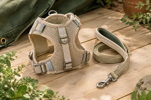 Harnais gilet step-in beige en maille avec bandes réfléchissantes, anneaux en D et laisse assortie posée à côté